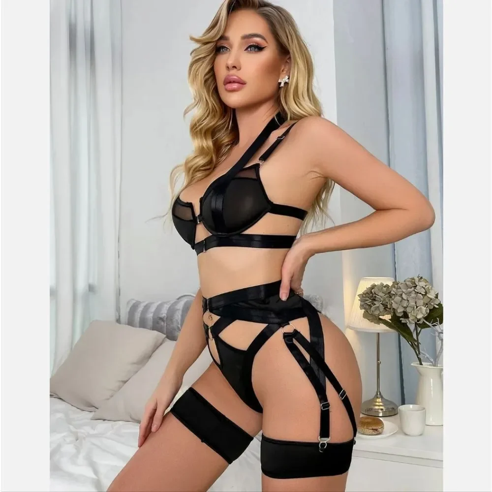 Mesh Sheer Bralette Cutout Thong Garter Belt Thigh Strap 3 Pcs Sexy Lingerie Set